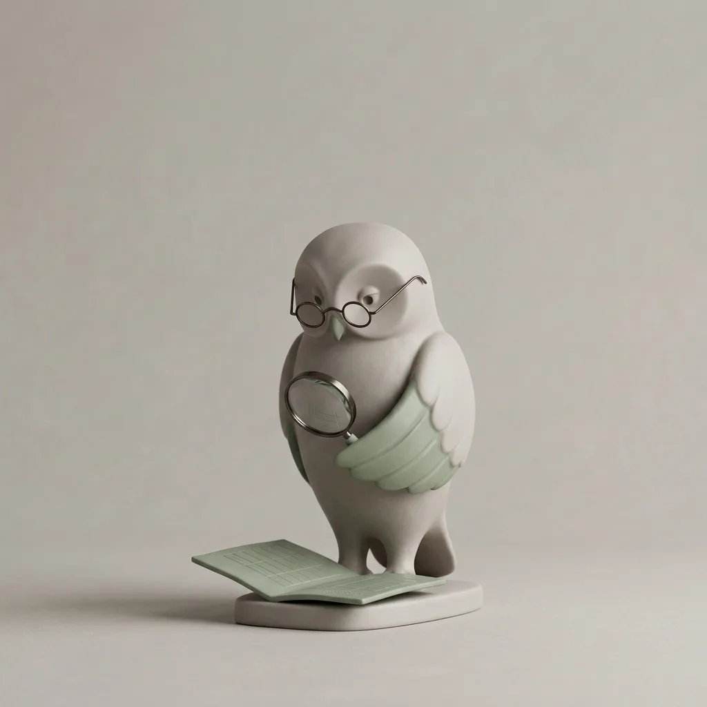 Porcelain owl examining a page of figures with a magnifying glass