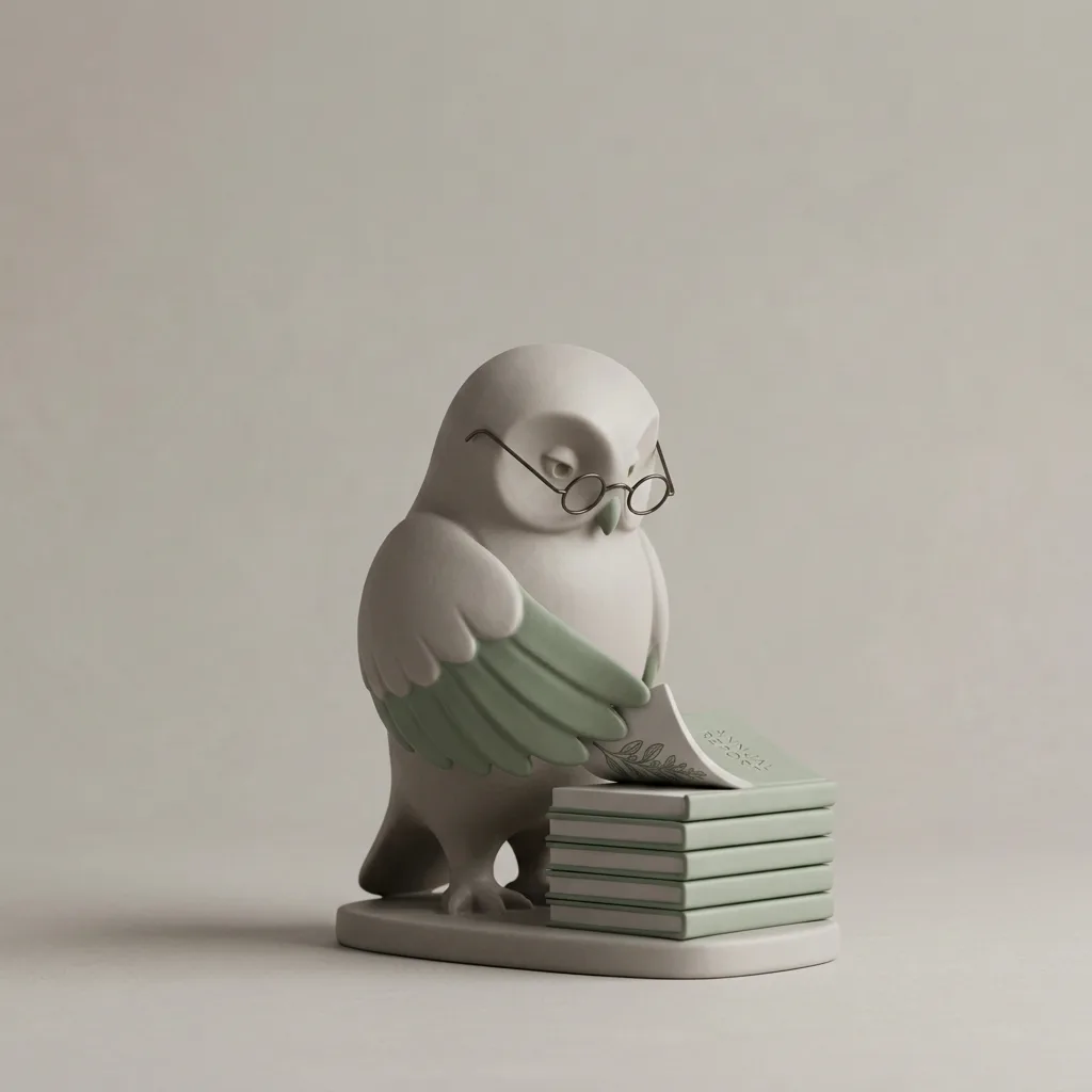 Porcelain owl leafing through a stack of annual reports